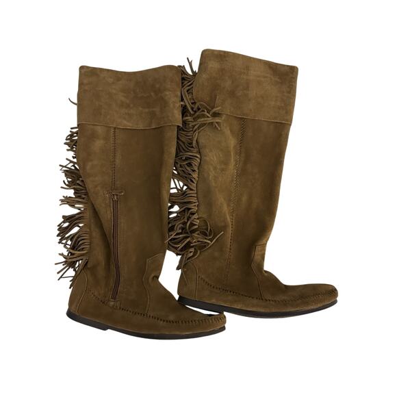 Minnetonka Women's Size 9 Brown Suede Fringe Boot Knee High Side Zip - Picture 2 of 7